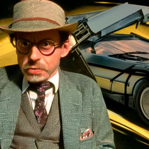 Image similar to hg wells sitting in a delorean time machine cinematic dramatic 3 5 mm 8 k