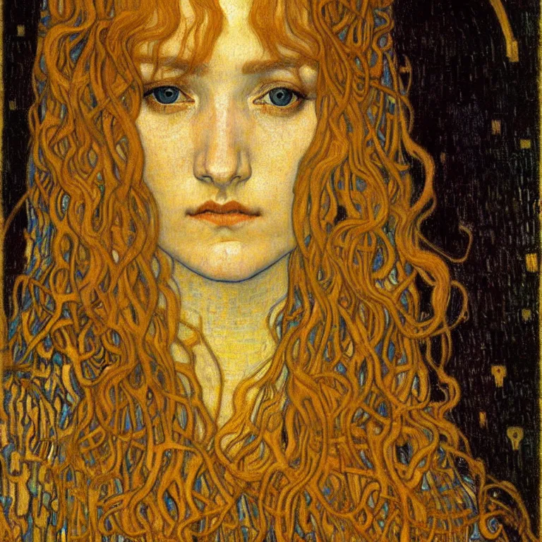 Image similar to detailed realistic beautiful young medieval queen face portrait by jean delville, gustav klimt and vincent van gogh, art nouveau, symbolist, visionary, gothic, pre - raphaelite, muted earthy colors, desaturated