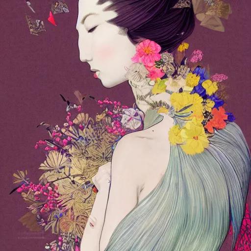 Image similar to 3 / 4 view of a beautiful girl wearing an origami dress, eye - level medium shot, fine floral ornaments in cloth and hair, hummingbirds, elegant, by eiko ishioka, givenchy, henri de toulouse - lautrec, by peter mohrbacher, centered, fresh colors, origami, fashion, detailed illustration, vogue, japanese, reallusion character creator