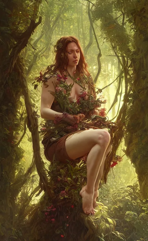 Image similar to elon musk god of the forest, 3 0 years old, rugged, female, gorgeous, detailed face, amazing, thighs, flowers, muscular, intricate, highly detailed, digital painting, artstation, concept art, sharp focus, illustration, art by greg rutkowski and alphonse mucha