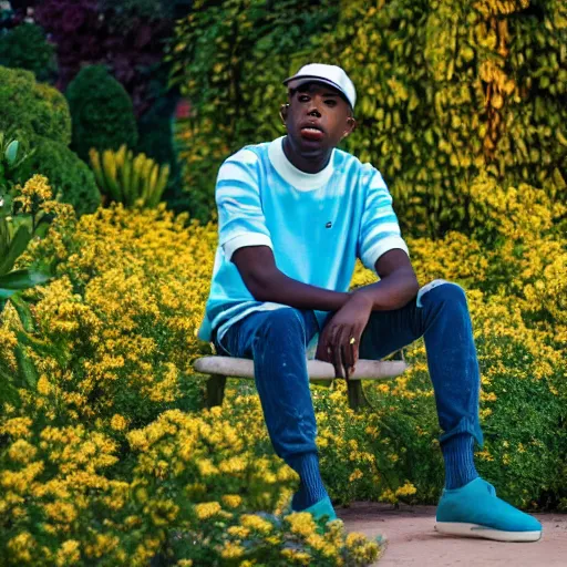 Prompt: A photo of Tyler the Creator sitting in the middle of a garden, 8K concept art, dreamy, garden, bushes, flowers, golden hour, vintage camera, detailed, UHD realistic faces, award winning photography, cinematic lighting