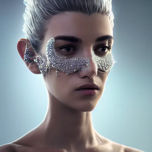 Image similar to full body detailed, ethereal, biomechanical, covered in diamonds and other gems glowing, highly detailed face, elegant posed, intricate, extremy detailed, beeple, cgsociety, 3 d unreal engine octane render. cinematic lighting, highly detailed 4 k art