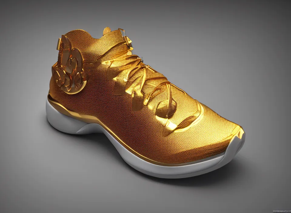 Prompt: realistic 3 d render of a futuristic sneaker, beautiful studio lighting, soft, sharp focus, neon glowing lines, intricate detail, gold and red leather, soft white rubber, shiny plastic, hexagon mesh, gold filigree, octane render, side view, close up, trending on artstation, deviantart, nike, adidas, reebok, salomon