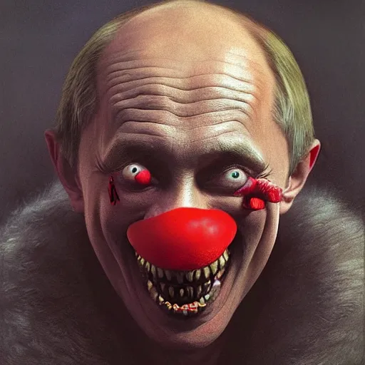 Image similar to vladimir putin, drunk jester, drunk circus performance, wearing clown nose, horror teeth, fantasy 3 d render, masterpiece, by donato giancola and greg rutkowski and wayne barlow and zdzisław beksinski, realistic face