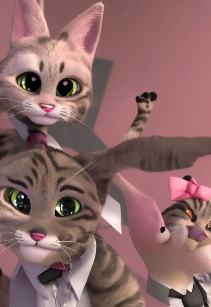 Image similar to 3d render , anthropomorphic male tabby cat,wearing a pink tux ,style of Zootopia, 8K HD Resolution, High quality image