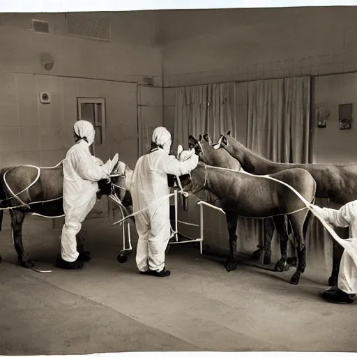 Image similar to horses dressed as nurses performing an operation