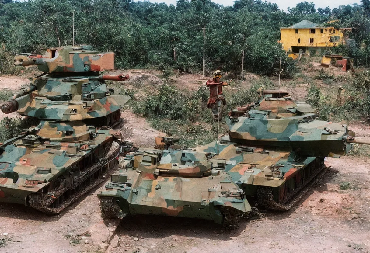 Image similar to colorful military pokemon tank, vietnam, post apocalyptic, shot on film,