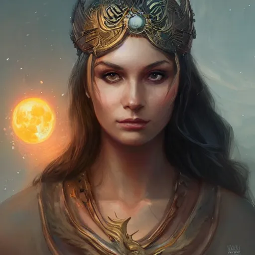 Image similar to lunar goddess, d & d, fantasy, portrait, highly detailed, digital painting, trending on artstation, concept art, sharp focus, illustration, art by artgerm and greg rutkowski and magali villeneuve