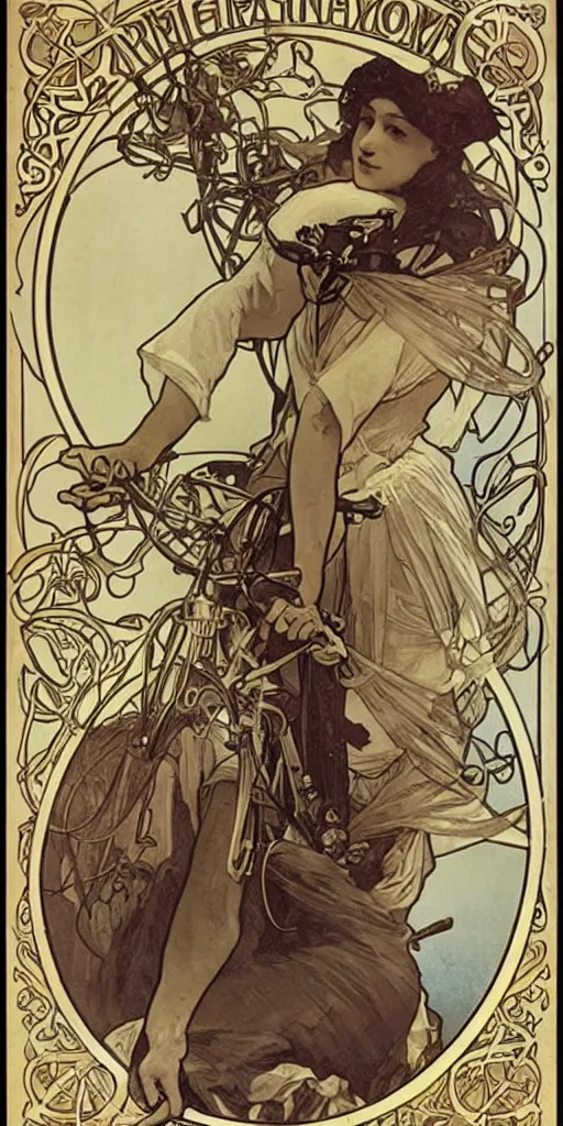 Image similar to a poster by Alphonse Mucha showing a woman riding a bicycle