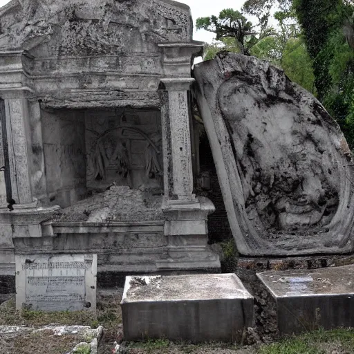 Image similar to Filmed photo of Rome necropolis, with satanic sculls