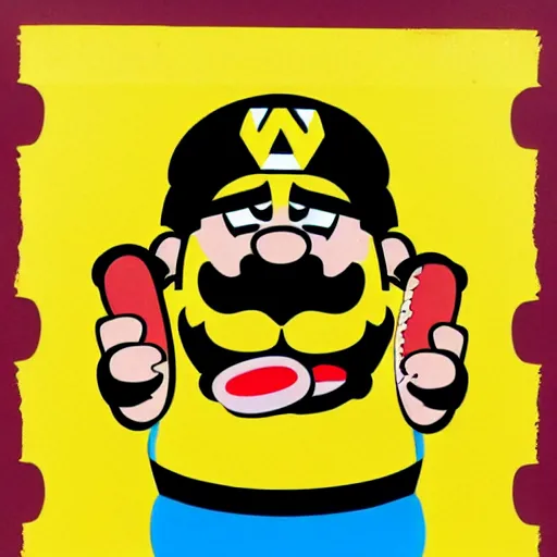 Prompt: wario eating a hot dog stencil art