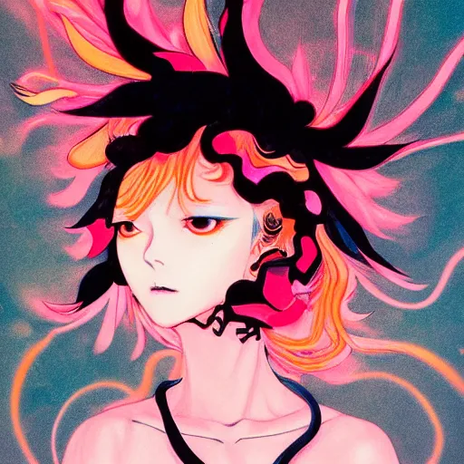 Image similar to prompt : pink and orange and black portrait soft light painted by james jean and katsuhiro otomo and erik jones, inspired by evangeleon anime, smooth face feature, intricate oil painting, high detail illustration, sharp high detail, manga and anime 1 9 9 9