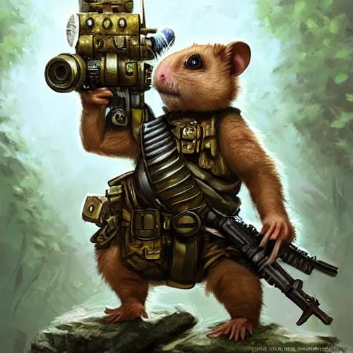 Image similar to cute little anthropomorphic Hamster Soldier, ultra wide lens shot , tiny, small, Jungle camouflage, short, cute and adorable, pretty, beautiful, DnD character art portrait, matte fantasy painting, DeviantArt Artstation, by Jason Felix by Steve Argyle by Tyler Jacobson by Peter Mohrbacher, cinematic lighting