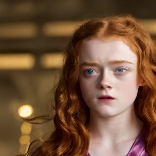 Image similar to film still of sadie sink playing wonder women, hd, 8 k, high resolution, cinematic, golden hour lighting, beautiful hair, holding golden whip