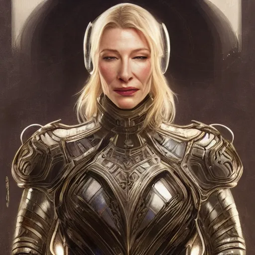 Image similar to portrait of cate blanchett in a platinum armor, intricate, headshot, highly detailed, digital painting, artstation, concept art, sharp focus, cinematic lighting, illustration, art by artgerm and greg rutkowski, alphonse mucha, cgsociety