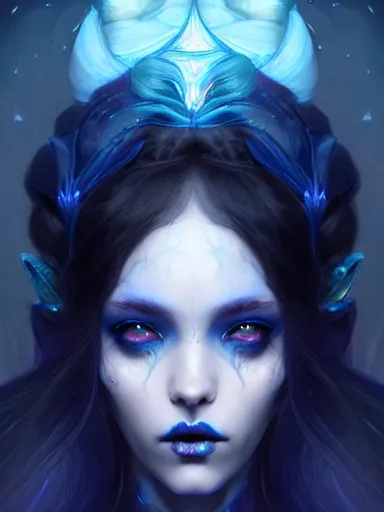 Image similar to dark sorceress with blue skin by james jean, charlie bowater, tom bagshaw, nikolay makovsky, melanie delon : : enchanting, ethereal, magical, glowing, sparkle, prismatic, portrait, character design, illustration, hyperrealism, photorealism, digital art, concept art, dark fantasy, whimsy, weta, wlop, artstation