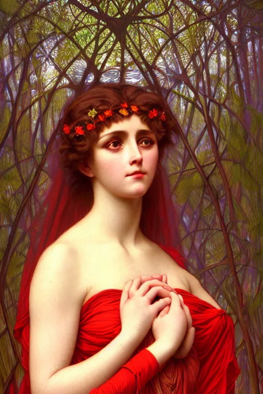 Image similar to portrait of a realistic ethereal woman with big eyes and a glowing face, wearing a red dress in the forest at night, in the style of john william godward and alphonse mucha, intricate details, colorful, high detail, 8 k, art nouveau, face symmetry, masterpiece, sharp focus