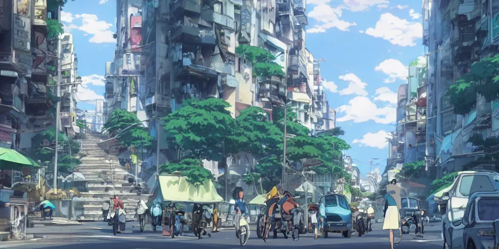 Image similar to rio de janeiro streets in an anime film, directed by makoto shinkai, cinematic, key visual, highly detailed, sharp focus