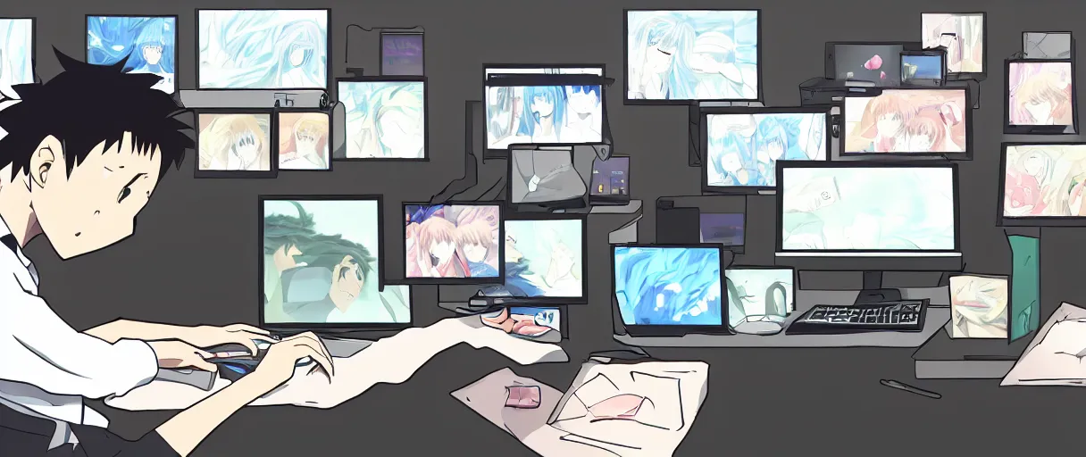 Image similar to anime drawing, a man at a desk with ten different computer monitors, his face flat on the keyboard, sound asleep