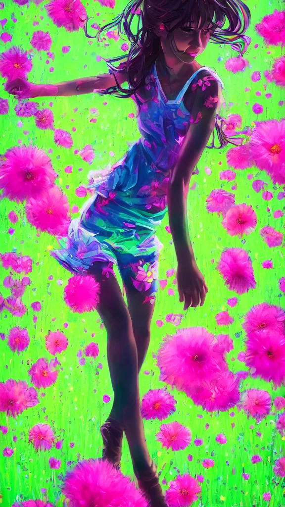 Image similar to portrait of a girl dancing in a field full of fluo flowers, detailed, elegant, highly detailed, artstation, concept art, illustration, sharp focus, anime, art by GA IS,