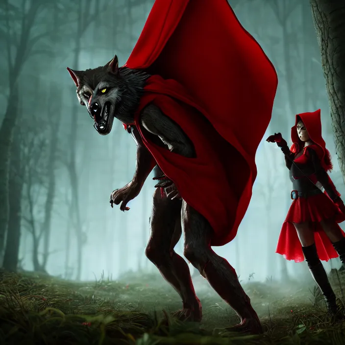 Image similar to beautiful red riding hood warrior confronting a werewolf ,highly detailed, 4k, HDR, award-winning, artstation, octane render