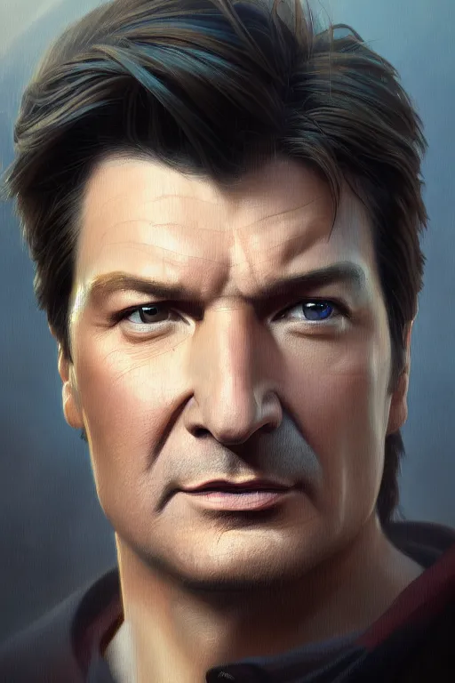 Image similar to ultra detailed close up facial portrait of nathan fillion, extremely detailed digital painting, in the style of fenghua zhong and ruan jia and jeremy lipking and peter mohrbacher, mystical colors, rim light, beautiful lighting, 8 k, stunning scene, raytracing, octane, trending on artstation