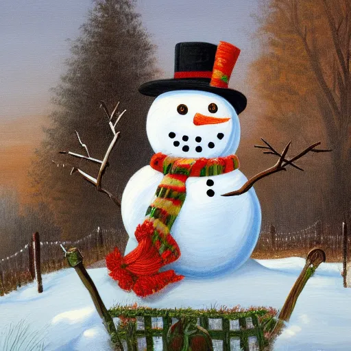 Image similar to a painting of a snowman holding a hedge in front of a fence, a detailed painting by Ilya Ostroukhov, deviantart, naive art, detailed painting, storybook illustration, made of beads and yarn