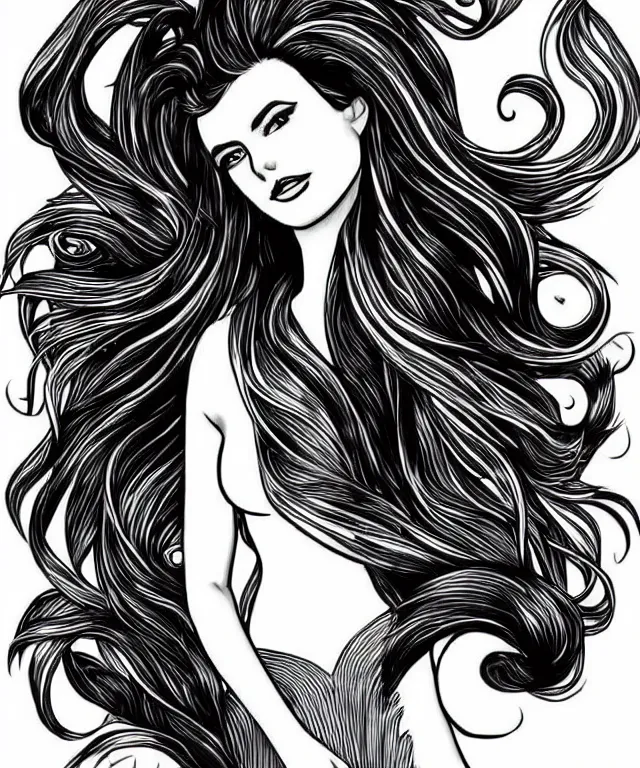 Prompt: black and white illustration, creative design, beautiful mermaid, full body, flowing hair