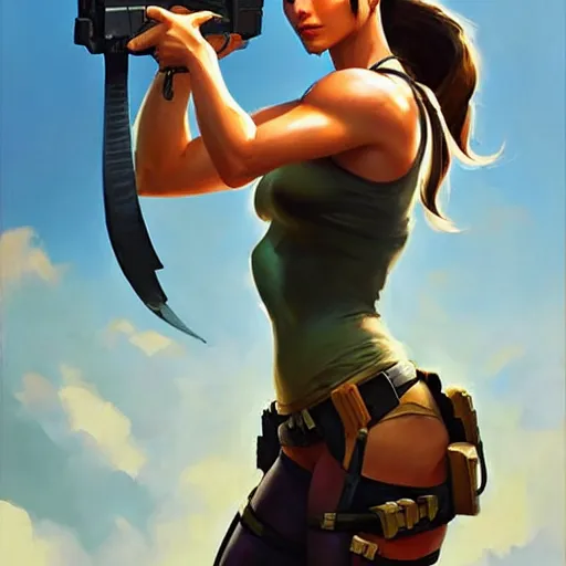 Image similar to Greg Manchess portrait painting of Lara Croft as Overwatch character, medium shot, asymmetrical, profile picture, Organic Painting, sunny day, Matte Painting, bold shapes, hard edges, street art, trending on artstation, by Huang Guangjian and Gil Elvgren and Sachin Teng