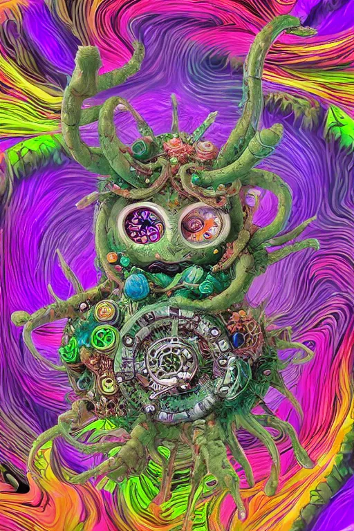 Image similar to creature sushi roots cactus elemental flush of force nature micro world fluo light deepdream a wild amazing steampunk baroque ancient alien creature, intricate detail, colorful digital painting radiating a glowing aura global illumination ray tracing