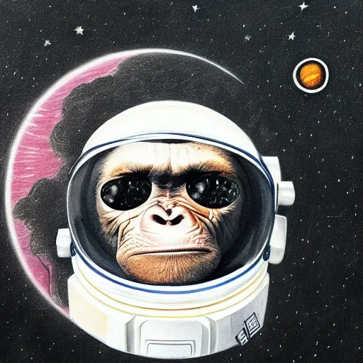 Prompt: pencil art, realistic self portrait, astronaut with a chimpanzee, psychedelic, solar eclipse.