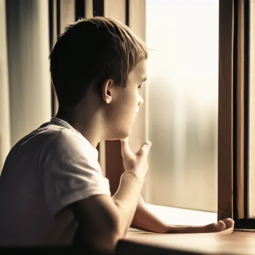 Image similar to a boy, 2 5 years old, numb, hopeless, sitting alone in front of the window, evening time, gloomy, sunset, boy staring at the window, very sad emotion, extremely realistic, 4 k, hd