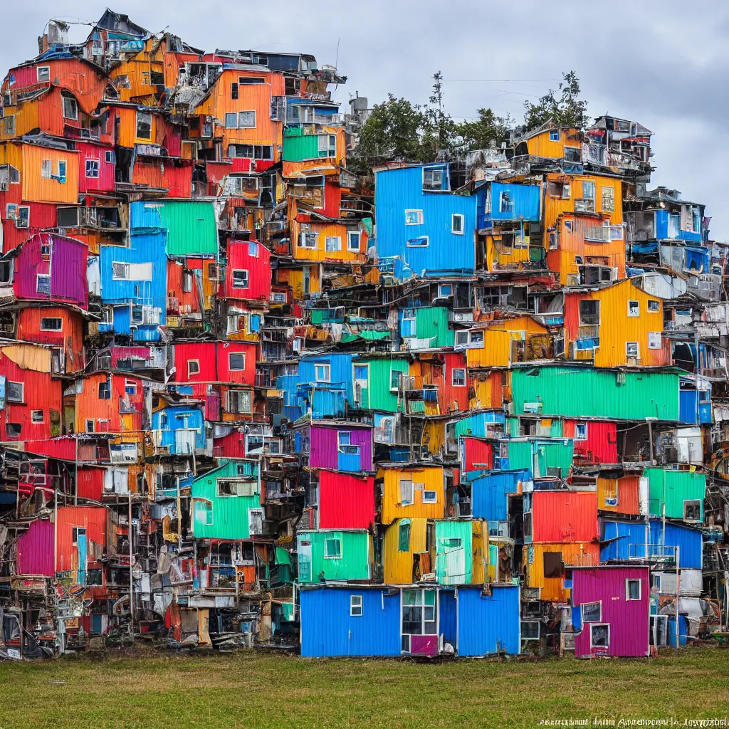Image similar to a vertical building made up of various colourful makeshift squatter shacks, sony a 7 r 3, f 1 1, fully frontal view, photographed by jeanette hagglund, ultra detailed,