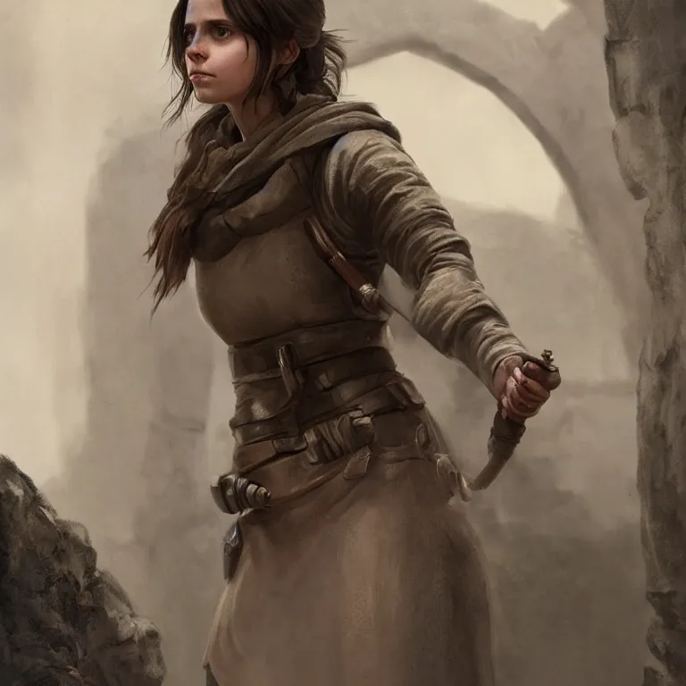 Prompt: portrait of jyn erso as a beautiful medieval wench in a stone courtyard holding a modern telephone, confident pose, coherent, insane detail, concept art, character concept, cinematic lighting, global illumination radiating a glowing aura