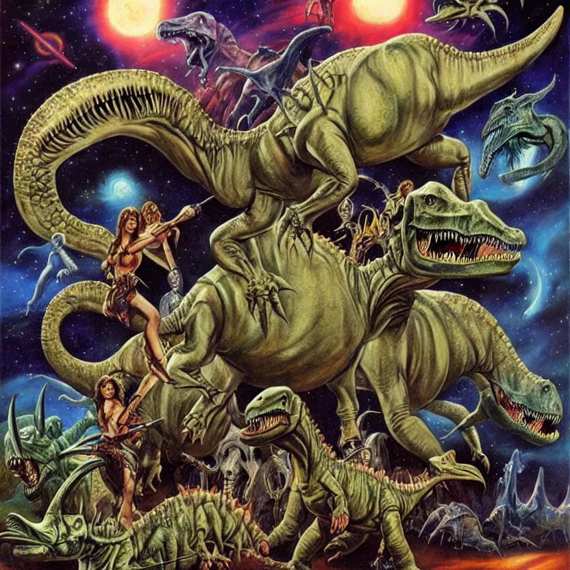 Prompt: metalheads riding dinosaurs in the space jungle, boris vallejo style, lord of the rings