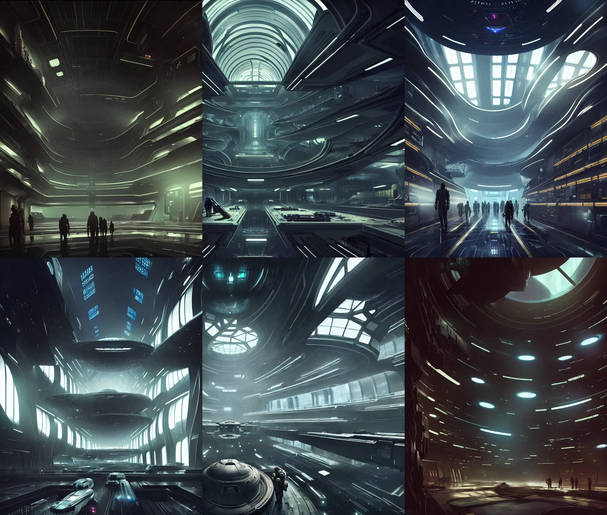 Prompt: denis villeneuve very wide cinematic scifi shot inside the combination of capsule hotel and airport terminal, large terrariums built into the walls, epic scale, cathedral ceiling, mass effect, star citizen, detailed artstation scifi concept art, fine details, unreal engine, detailed textures