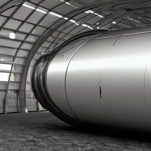 Image similar to big metallic capsule connected to pipelines, purpose is pump, standing in large industrial hall, designed by best engineers, raytracing, reflections