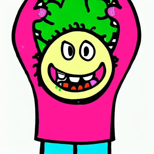 Image similar to a children illustration of a smiling happy broccoli, he is dancing, vivid bright colors