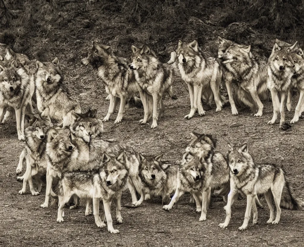 Image similar to a photograph of a pack of wolves by thomas rousset