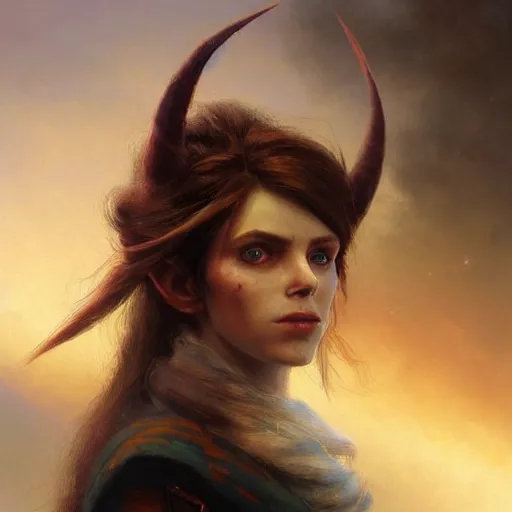 Prompt: three-quarters portait of an rogue girl with flowing brown hair, elf ears, david bowie eyes, heterochromia, highly detailed, painted, hyper-realistic, epic brushwork, 8k, surrealism, by Ivan Aivazovsky; by Aleksi Briclot; by Marc Simonetti
