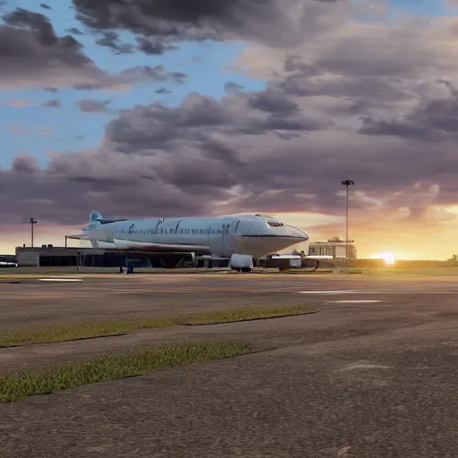 Image similar to photo of a 8k ultra realistic abandoned airport, planes, jets, sunset, cinematic lighting, trending on artstation, enreal engine 5, masterpiece,