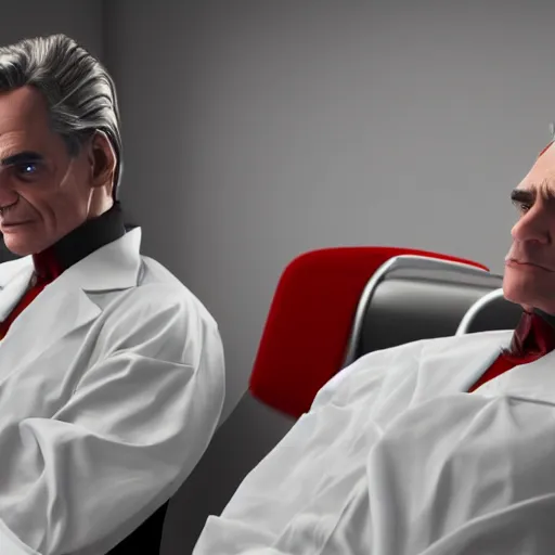 Image similar to a scene from the movie dead ringers with clean shaven jeremy irons, dark cinematic lighting, heavy black and red palette and color contrast, medical equipment, movie directed by wes craven, 3 d octane render