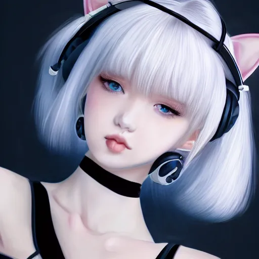 Image similar to realistic detailed semirealism beautiful gorgeous cute Blackpink Lalisa Manoban white hair white cat ears blue eyes, wearing black camisole maid outfit, headphones, black leather choker full HD 4K high resolution quality WLOP, Aztodio, Taejune Kim, Guweiz, Pixiv, Instagram, Artstation