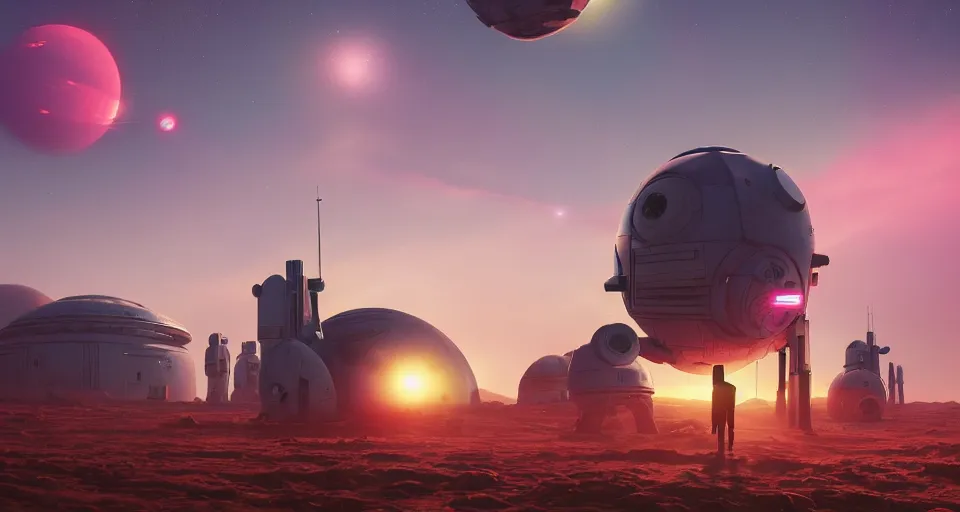 Image similar to Double Sunset on a mechanical planet, large twin sunset, cinematic, rendered by simon stålenhag, rendered by Beeple, Makoto Shinkai, syd meade, star wars, inspired by Gundam, environment concept, digital art, unreal engine, 3 point perspective, WLOP, trending on artstation, low level, 4K UHD image, octane render,