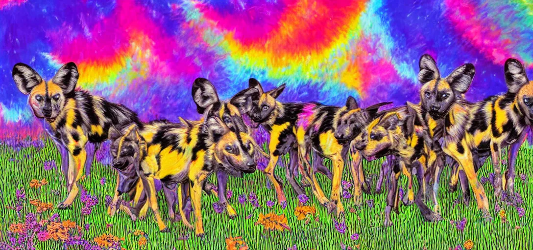 Image similar to pack of african wild dogs near a watering hole, painted by studio ghibli studio matako Lisa Frank with psychedelic colors