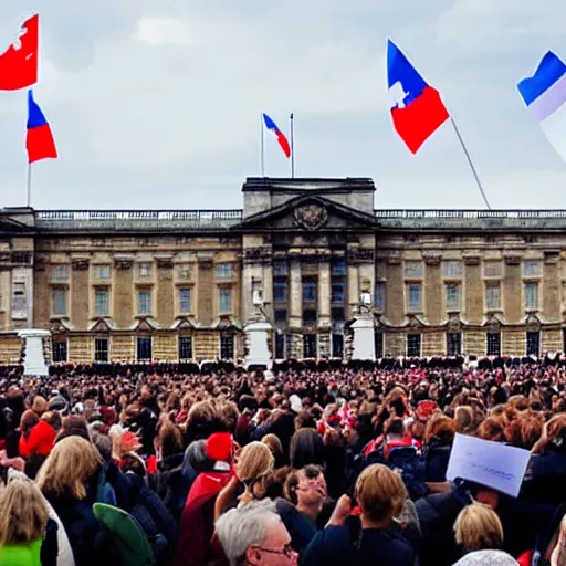 Prompt: a picture of buckingham palace very very very accurate with a gigantic crowd of protestors on the street, the sky is blue and everyone is holding russian flags or posters with prince andrew's face wide shot hyperrealistic photography 7 0 mm