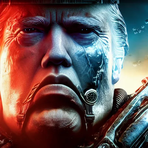 Prompt: Photo portrait of Donald Trump as God-Emperor in Gears of War, splash art, movie still, detailed face, photorealistic facial features, cinematic lighting, dramatic, octane render, long lens, shallow depth of field, bokeh, anamorphic lens flare, 8k, hyper detailed, 35mm film grain