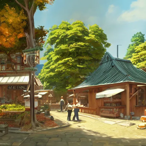 Image similar to concept art painting of a historic bakery with european and japanese architecture, in a woodland village surrounded by trees and mountains, realistic, detailed, cel shaded, in the style of makoto shinkai and greg rutkowski and james gurney