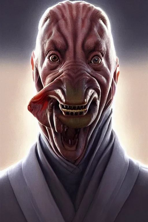 Prompt: vladimir putin with jar jar binks eyes, realistic portrait, symmetrical, highly detailed, digital painting, artstation, concept art, smooth, sharp focus, illustration, cinematic lighting, art by artgerm and greg rutkowski and alphonse mucha