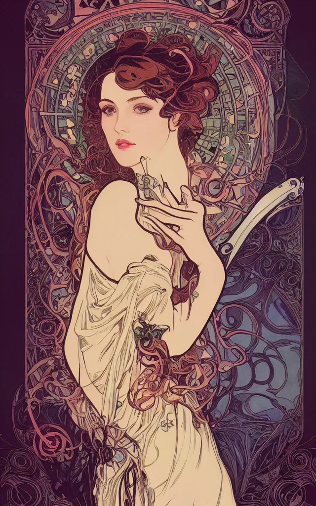Image similar to illustration of a beautiful woman on a cyberpunk art nouveau playing card, in style of Alphonse mucha, Charlie Bowater, Tom Bagshaw